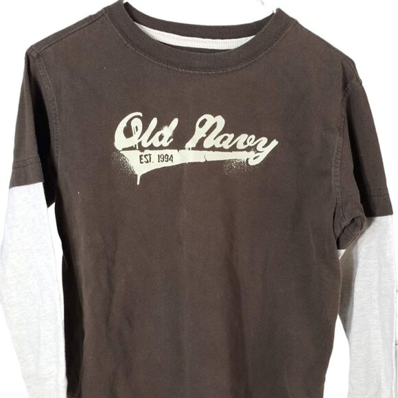 2/$15 Old Navy Boys Layered T Shirt Brown XS Logo Est 1994 Long Sleeve Crew Neck - Picture 2 of 6